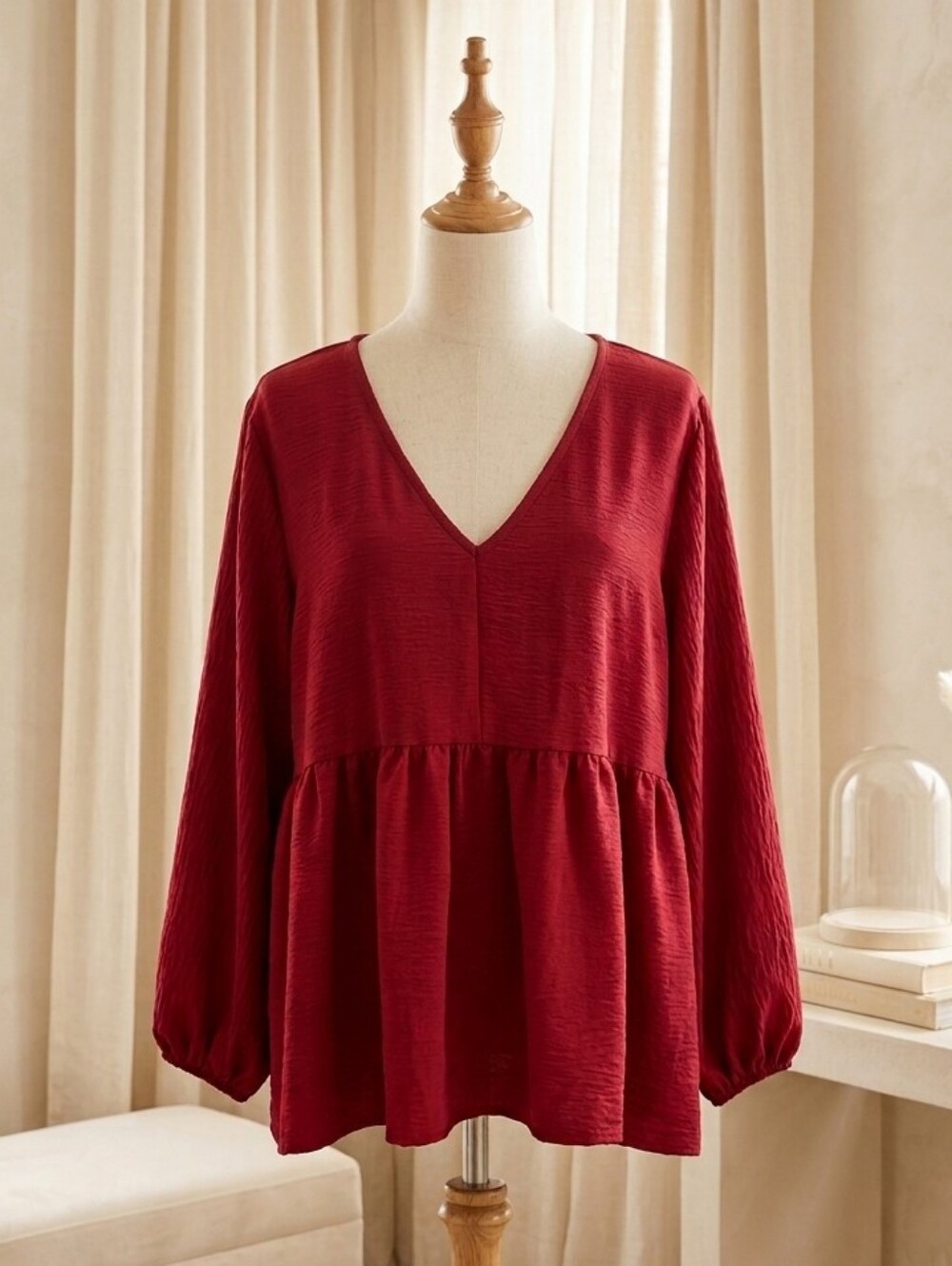 Entro Deep Red Oversized Babydoll Top Puff Sleeve V-Neck Sz M